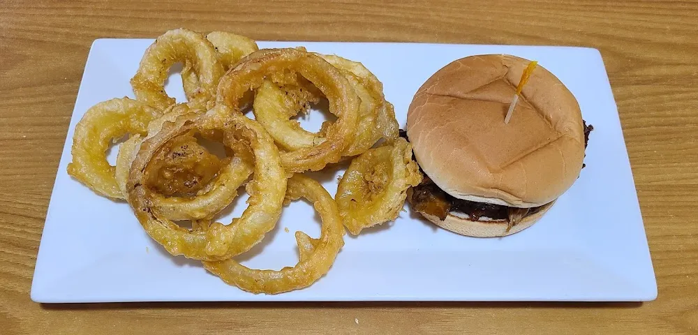 BBQ Pulled Pork Sandwich with Onion Rings
