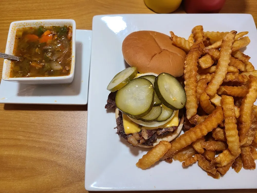 Burger with Feies Ordered Extra Crisp and a Cup of Soup of the Day